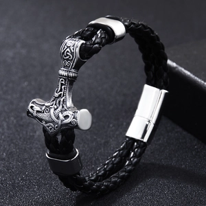 Men Viking Thor's Hammer Bracelet Nordic Mjölnir Pendant Braided Leather Strap Alloy Magnetic Clasp Retro Punk Jewelry Gift