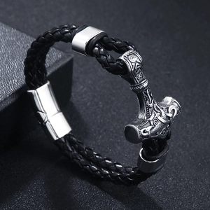 Braided leather Viking Mjölnir bracelet with silver alloy magnetic clasp in black and silver