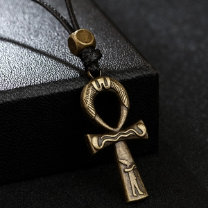Vintage Ancient Egyptian Ankh Cross Pendant Necklace Antique Bronze Zinc Alloy Adjustable Cord Hip Hop Jewelry For Men Women
