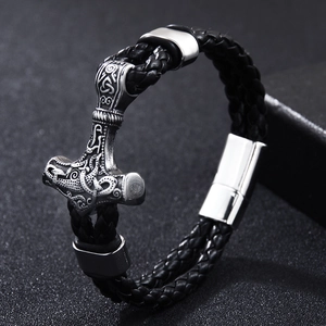 Viking Thor's Hammer Mjölnir bracelet with braided black leather and magnetic clasp
