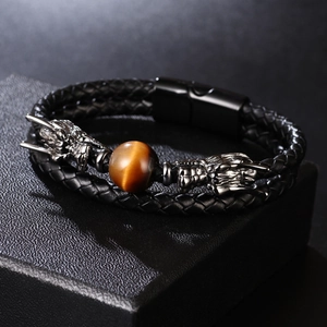 Double-layer leather dragon bracelet with tiger eye stone and magnetic clasp