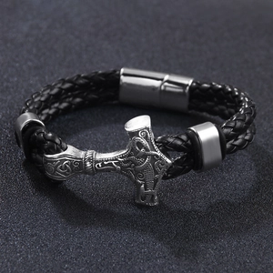 Men's braided leather bracelet with silver Thor's hammer and magnetic clasp