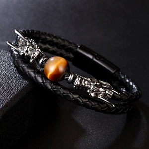 Double-layer braided leather dragon bracelet with tiger eye stone and magnetic clasp