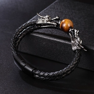 Men's double-layer leather dragon bracelet with tiger eye stone and magnetic clasp