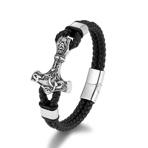 Braided leather Viking bracelet with Mjölnir hammer pendant and silver magnetic clasp