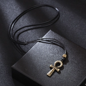 Vintage bronze Ankh cross pendant necklace with snake texture on black leather box