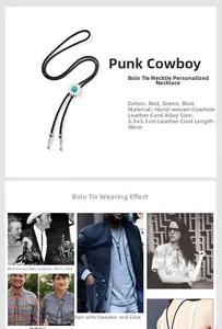 Gros plan sur une cravate Bolo avec incrustation turquoise sur cordon en cuir tressé
