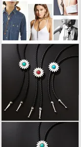 Détails de cravates Bolo marguerite avec pierres turquoise et cordons en cuir tressé