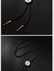 Détail d'une cravate bolo vintage avec corde tressée et pendentif marguerite turquoise