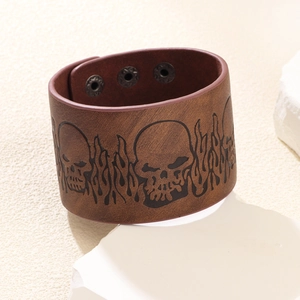 Punk Men's Wide Leather Bracelet Vintage Skull Flame Embossed Cowhide Cuff Adjustable Metal Snap Button Rock Gothic Jewelry