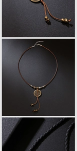 Vue macro du pendentif en bronze rétro avec motifs détaillés et cordon en cuir tressé