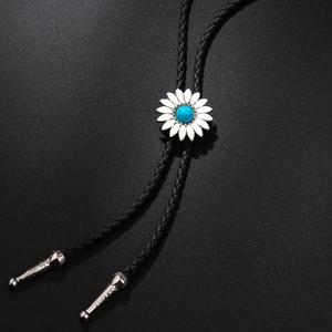 Cravate bolo vintage avec fleur de marguerite et pierre turquoise sur cordon tressé noir