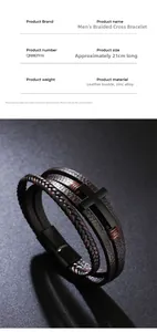 Close-up of multilayer braided leather bracelet with black metal cross and magnetic clasp