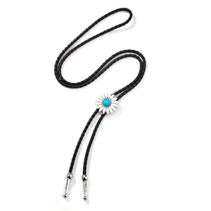 Cravate Bolo vintage style western avec boucle tournesol en métal et pierre turquoise