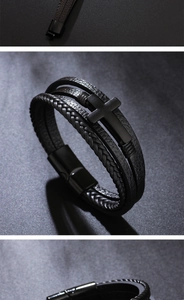 Detail of multi-layer braided leather bracelet with a black cross and magnetic clasp
