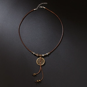 Collier rétro avec pendentif pièce Bagua chinoise, finition bronze et cordon tressé