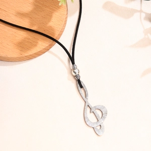 Retro Antique Silver Music Note Treble Clef Pendant Necklace Alloy Musical Symbol Adjustable PU Leather Wax Cord Jewelry