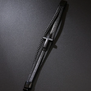 Multilayer black woven leather bracelet with matte black alloy cross and magnetic clasp