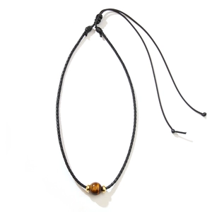 Collier minimaliste en œil de tigre avec cordon noir tressé réglable pour femmes