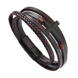 Men's multilayer leather bracelet with a black cross pendant and magnetic buckle