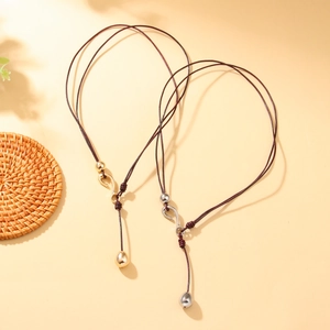 Minimalist Alloy Water Drop Pendant Necklace With Adjustable Artificial Leather Cord Sliding Knot Fashion Jewelry For Unisex