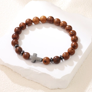 Bracelet en Perles de Bois Vintage pour Hommes Pendentif Croix en Hématite Fait à la Main Bracelet Religieux Élastique Bijoux