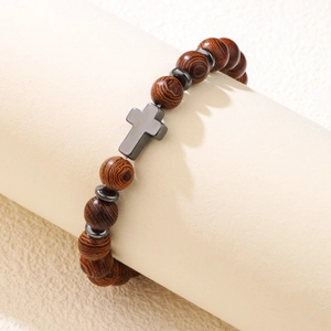 Bracelet pour homme en perles de bois avec pendentif croix en hématite grise et métal