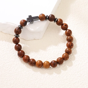 Bracelet pour homme en perles de bois naturel avec croix en hématite noire et bois poli