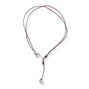Minimalist dark red leather cord necklace with a polished silver-tone metal drop pendant