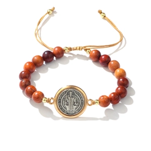 Saint Benedict medal wood bead bracelet with adjustable woven rope and gold accents
