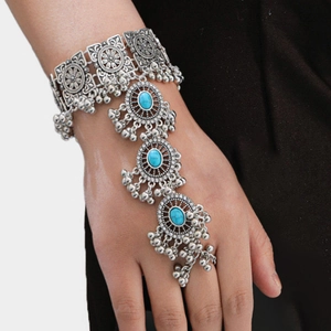 Vintage Bohemian Ethnic With Finger Ring Hand Chain Alloy Turquoise Inlaid Rhinestone Antique Silver Jewelry For Women