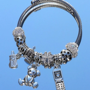 Silver Alloy Charm Bracelet With Teddy Bear Crown Rhinestone Four-Leaf Clover Baby Bottle Pendant Adjustable Cable Chain Bangle For Women