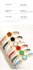 Detailed spec sheet and close-up of woven four-leaf clover bracelets in six vibrant colors