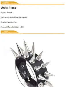 Dettaglio del bracciale punk in pelle PU nera con borchie in lega d'argento e lunghezza 26cm