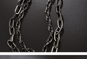 Macro shot of industrial black metal wallet chain with heavy links and matte finish