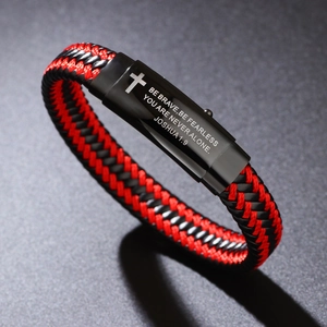 Men's WWJD woven leather bracelet with engraved Joshua 1:9 verse and cross