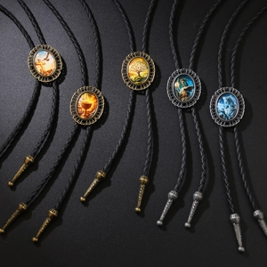 Bolo Tie Western Cowboy Retro Corda in Pelle Intrecciata Regolabile Collana con Ciondolo a Croce Albero della Vita Religioso in Lega