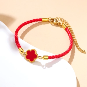 Red braided red string bracelet with 18k gold clover flower charm for women