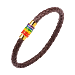 Bracciale in pelle intrecciata marrone con chiusura magnetica smaltata arcobaleno