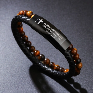 Men's WWJD braided leather bracelet with tiger eye beads and engraved cross buckle