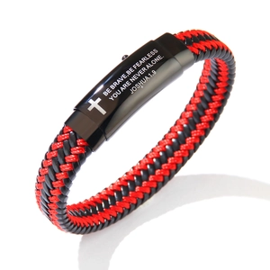 Hand-woven WWJD braided leather bracelet with engraved cross magnetic clasp for men