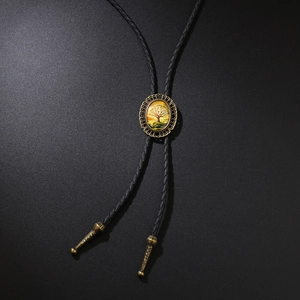 Bolo Tie vintage con chiusura ovale albero della vita e cordino in pelle nera