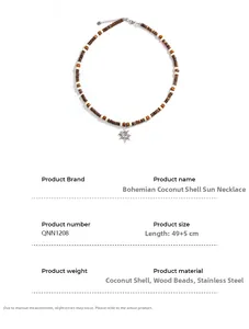 Detail of bohemian surf necklace with coconut shell beads and silver sun pendant