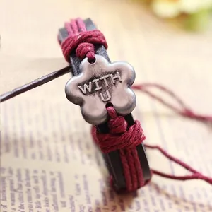 Handmade leather braided bracelet with vintage silver With U flower charm and red cord