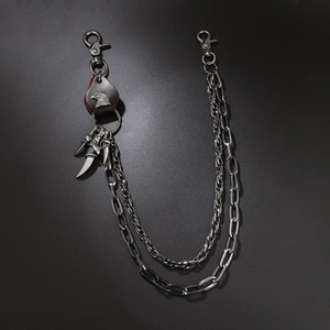 Punk style double-layered metal pant chain with leather eagle motif and claw pendants