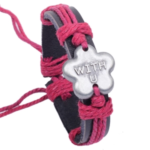 Handmade leather strap bracelet with red braided cord and WITH U flower metal charm