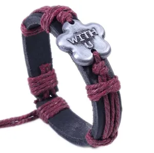 Handmade genuine leather woven bracelet with 'WITH U' flower alloy plate and adjustable cord