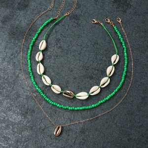 Bohemian multilayer shell pendant necklace set with green beads and golden chain accessories