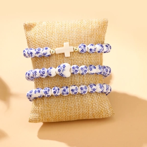 Ceramic Beaded Bracelet Triple Layer Blue White Floral Pattern Alloy Cross Heart Charm Religious Mother's Day Jewelry Gift