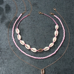 Bohemian multilayer necklace with pink beads and natural shell pendants for women
